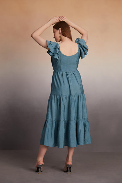 Tiered Midi Dress with Ruffled Sleeves