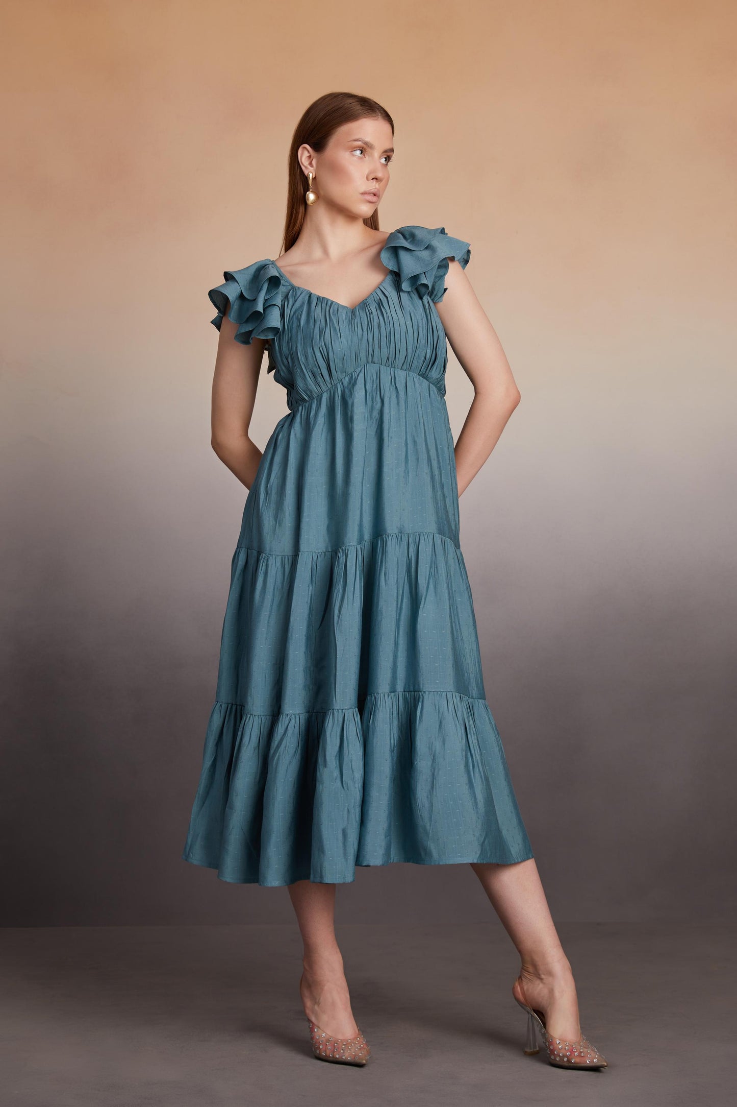Tiered Midi Dress with Ruffled Sleeves