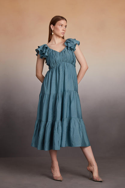 Tiered Midi Dress with Ruffled Sleeves