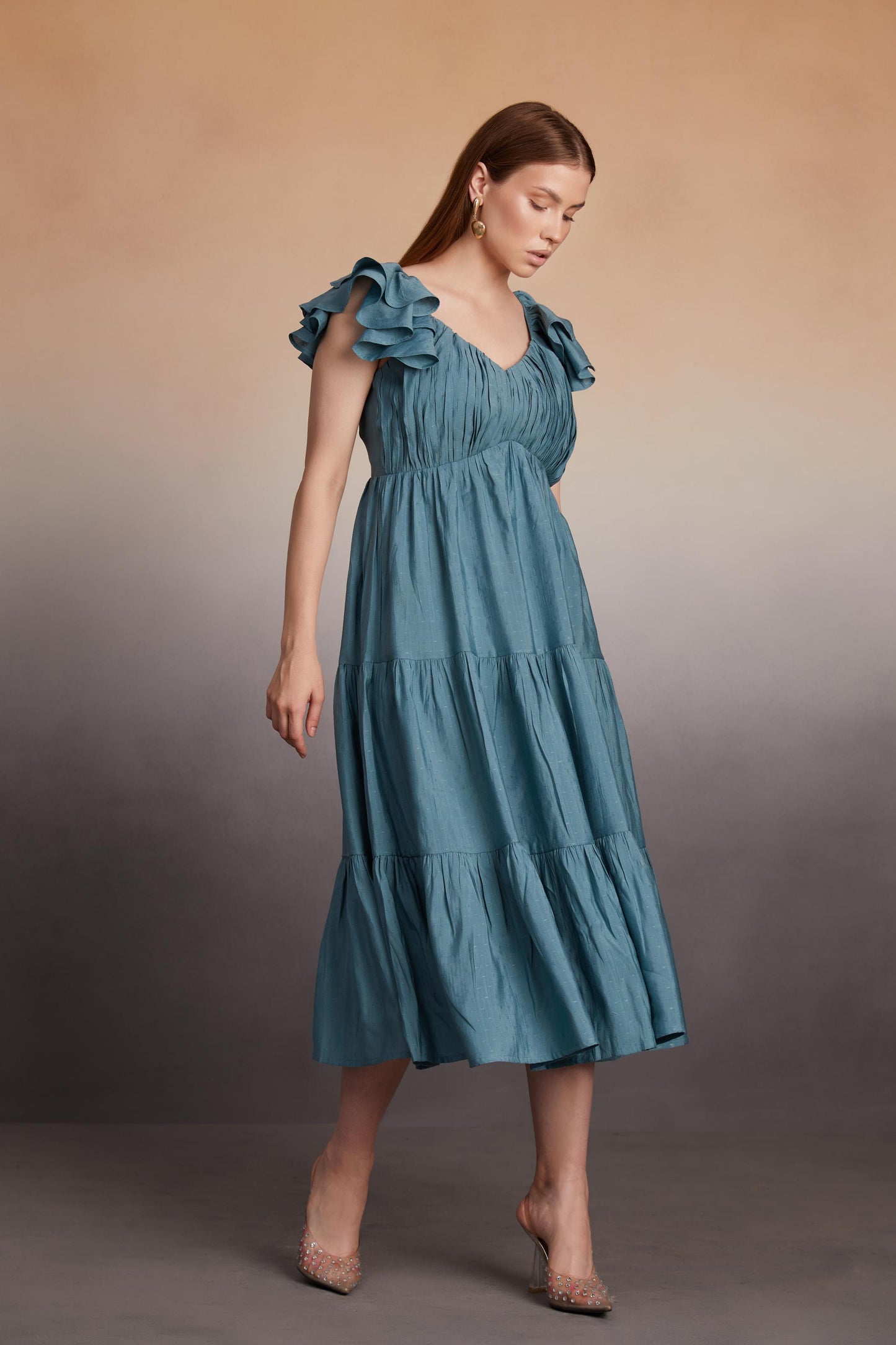Tiered Midi Dress with Ruffled Sleeves