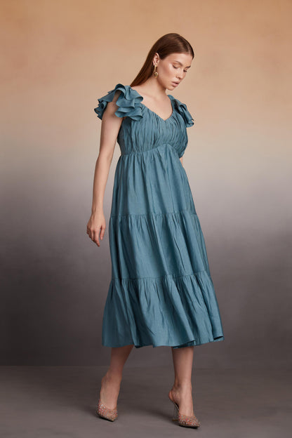 Tiered Midi Dress with Ruffled Sleeves