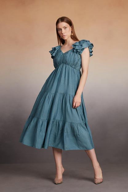 Tiered Midi Dress with Ruffled Sleeves