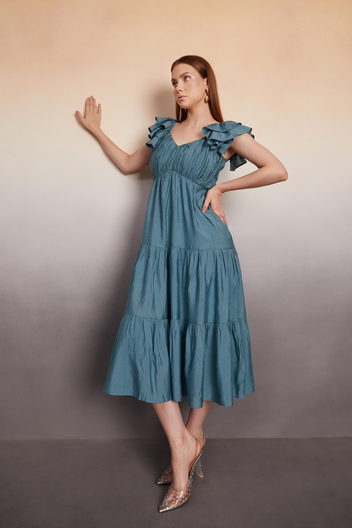 Tiered Midi Dress with Ruffled Sleeves