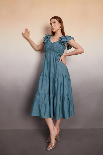 Tiered Midi Dress with Ruffled Sleeves
