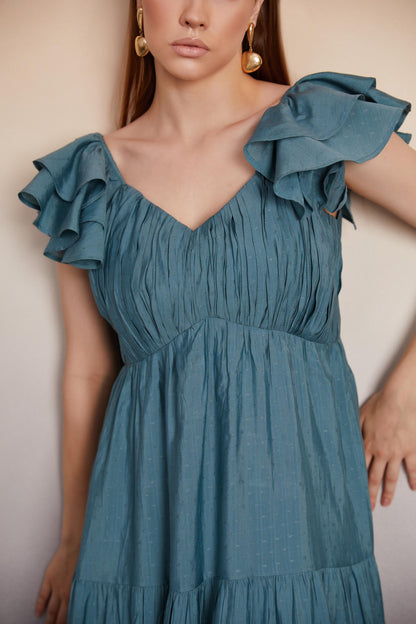 Tiered Midi Dress with Ruffled Sleeves
