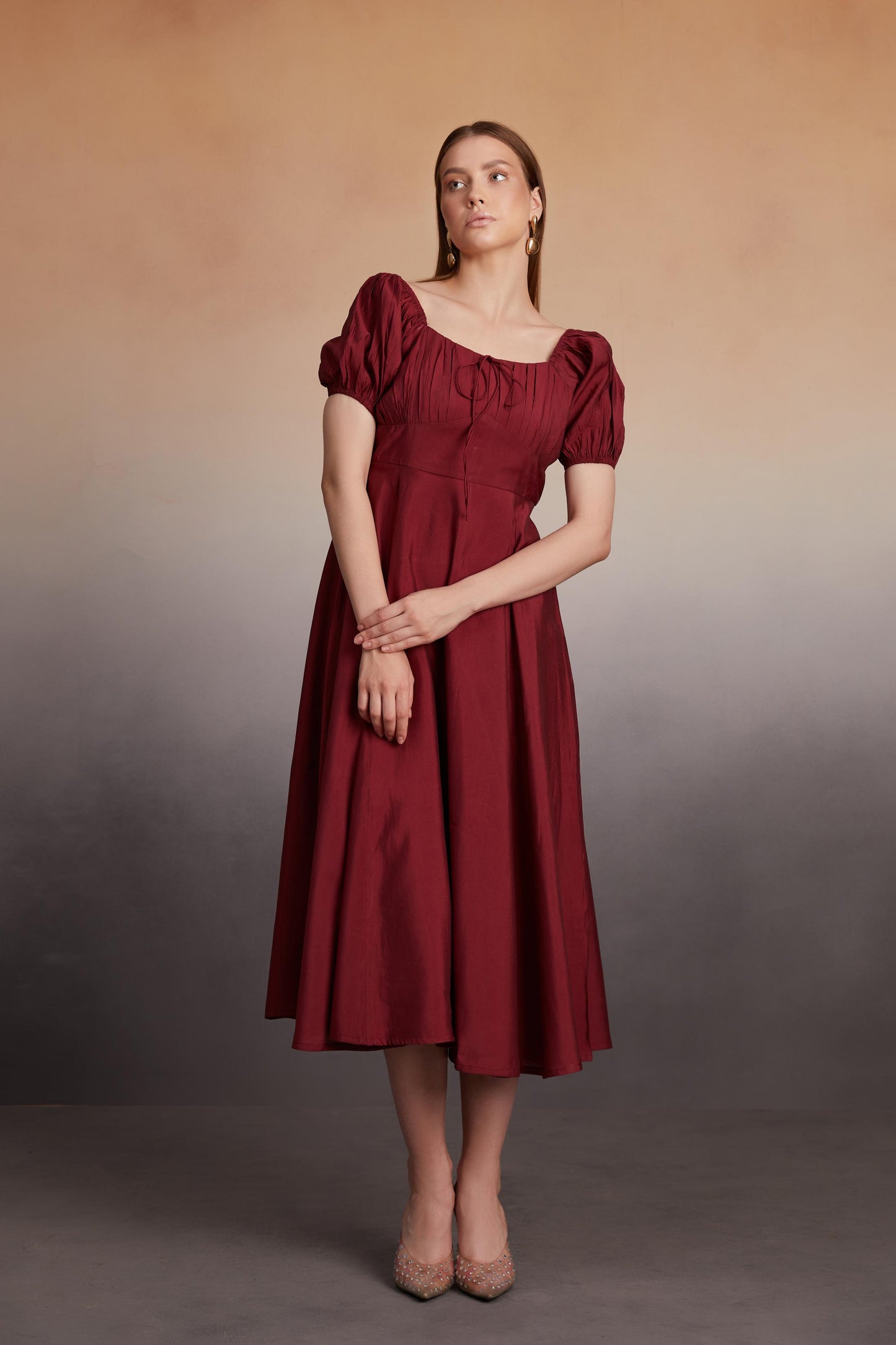 Square-Neck Puff Sleeve Midi Dress