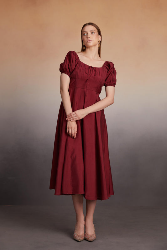 Square-Neck Puff Sleeve Midi Dress