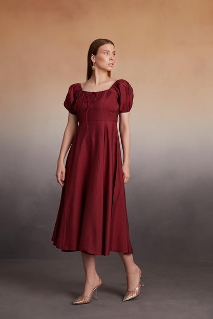 Square-Neck Puff Sleeve Midi Dress