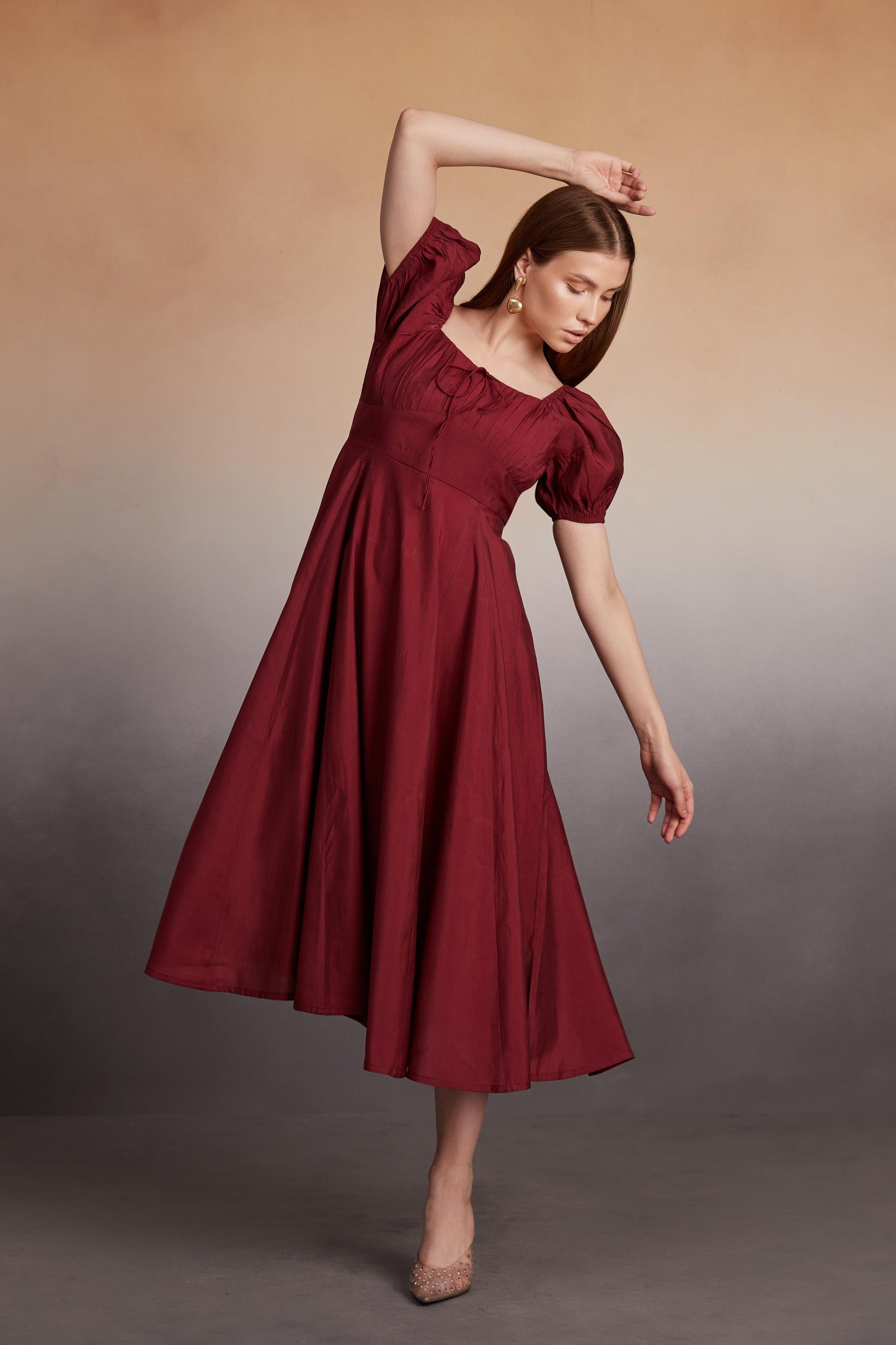 Square-Neck Puff Sleeve Midi Dress