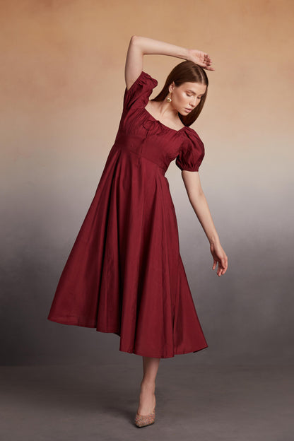Square-Neck Puff Sleeve Midi Dress
