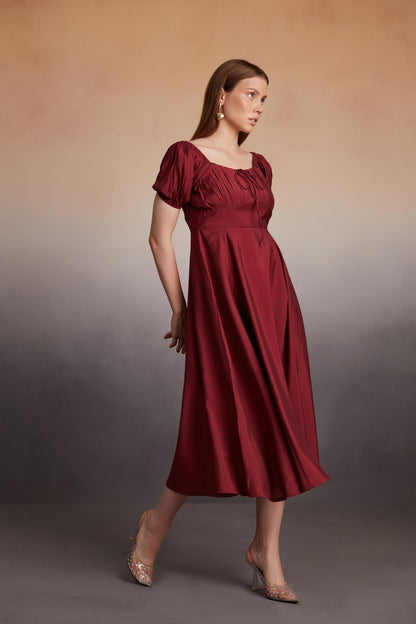 Square-Neck Puff Sleeve Midi Dress