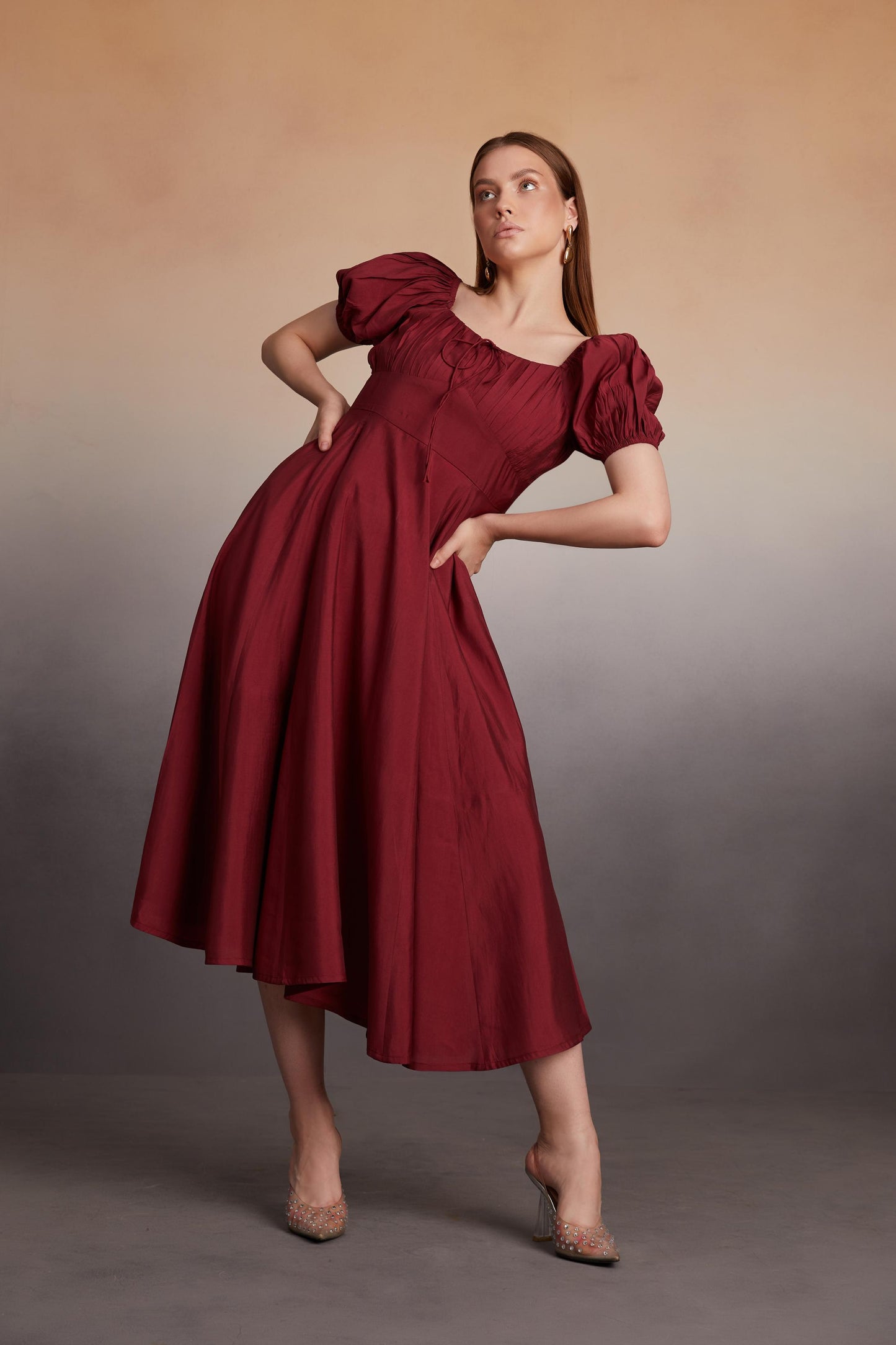 Square-Neck Puff Sleeve Midi Dress