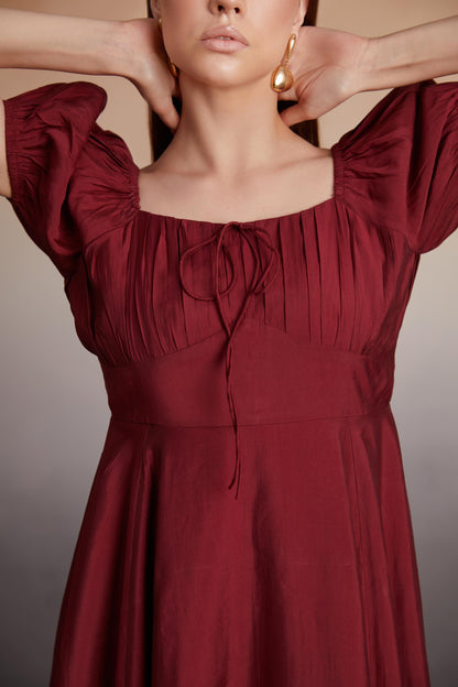 Square-Neck Puff Sleeve Midi Dress