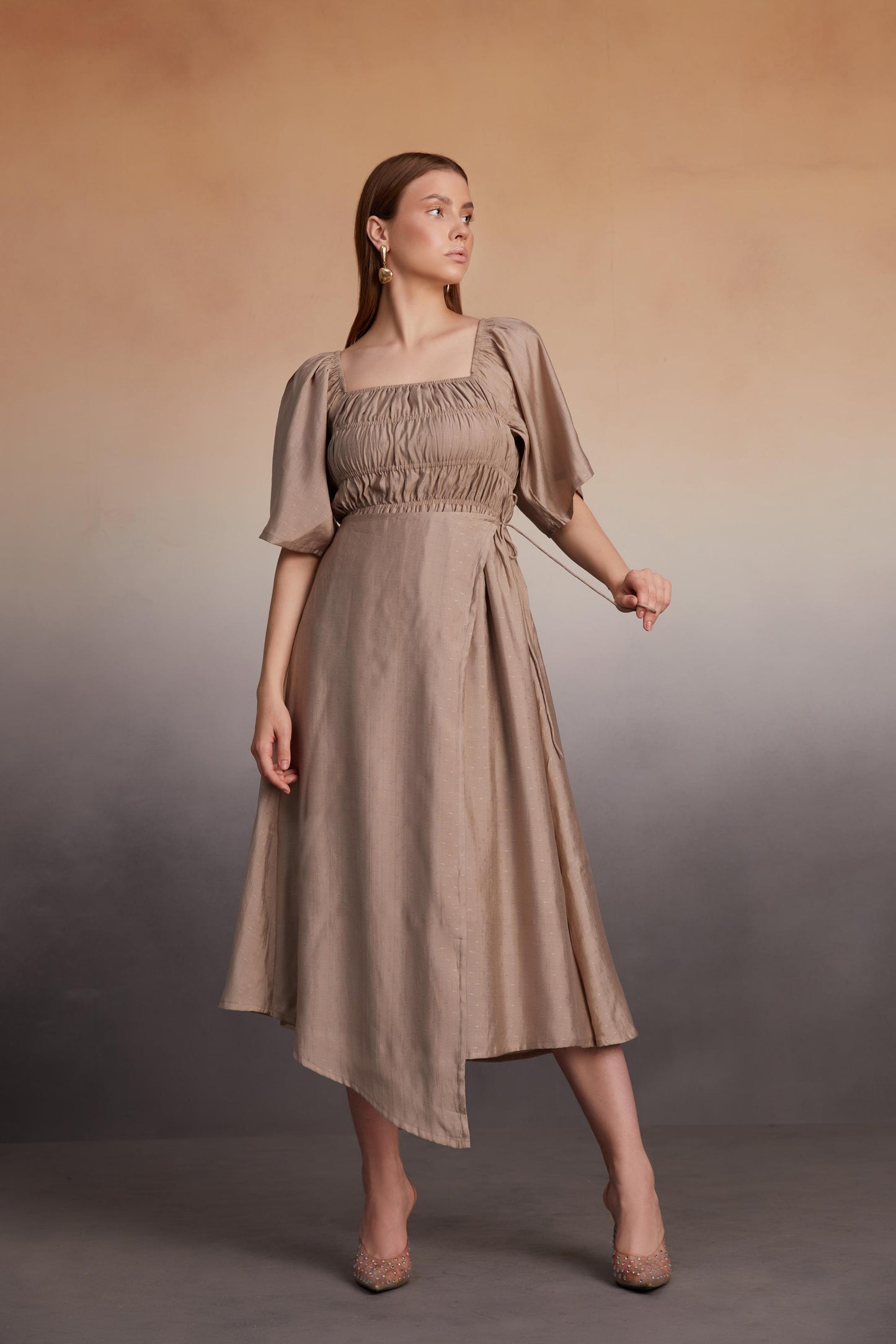 Asymmetrical Midi Dress with Smocked Bodice