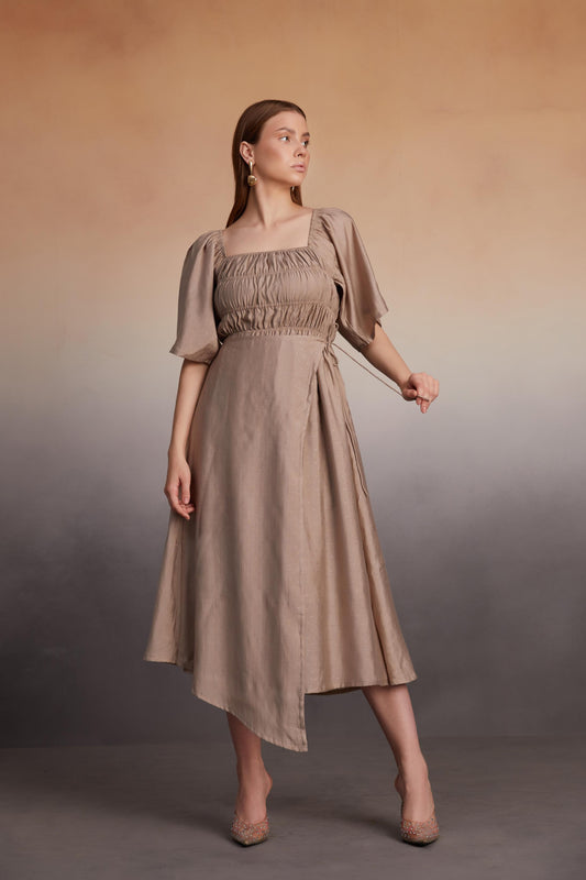 Asymmetrical Midi Dress with Smocked Bodice