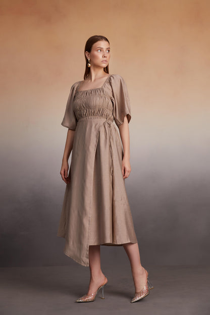 Asymmetrical Midi Dress with Smocked Bodice
