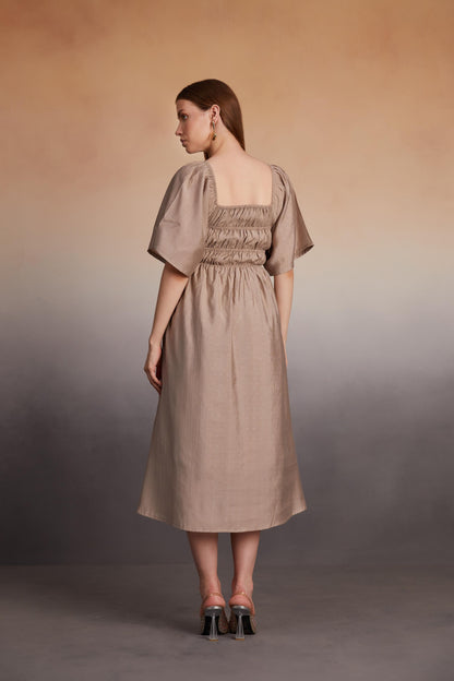 Asymmetrical Midi Dress with Smocked Bodice