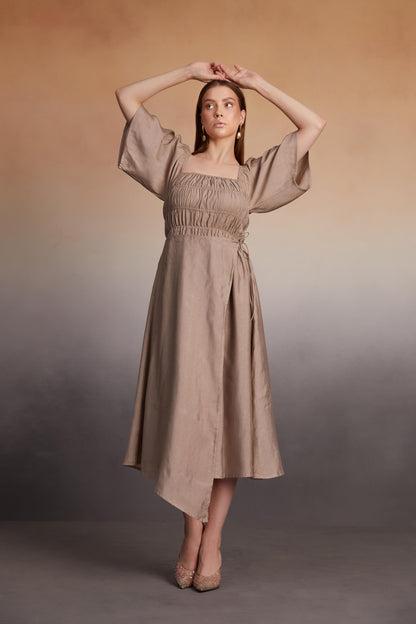 Asymmetrical Midi Dress with Smocked Bodice