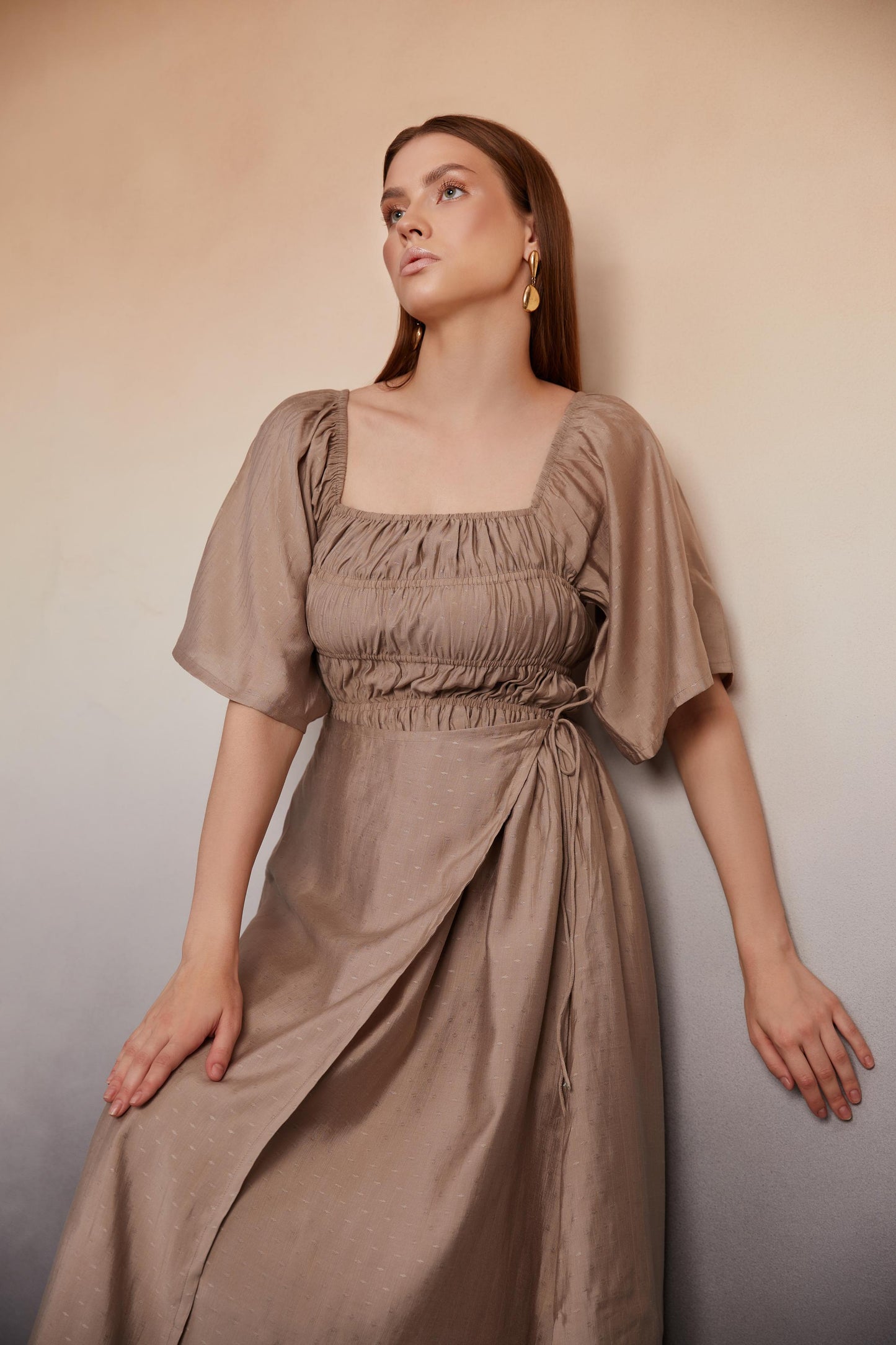 Asymmetrical Midi Dress with Smocked Bodice