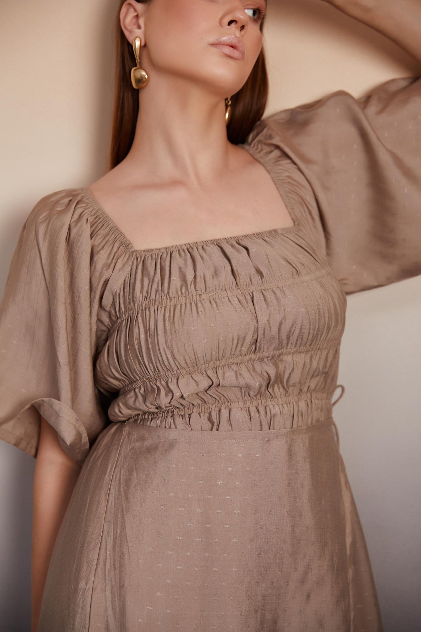 Asymmetrical Midi Dress with Smocked Bodice