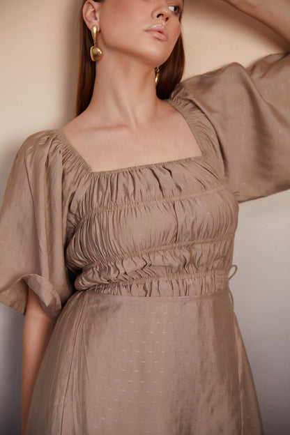 Asymmetrical Midi Dress with Smocked Bodice