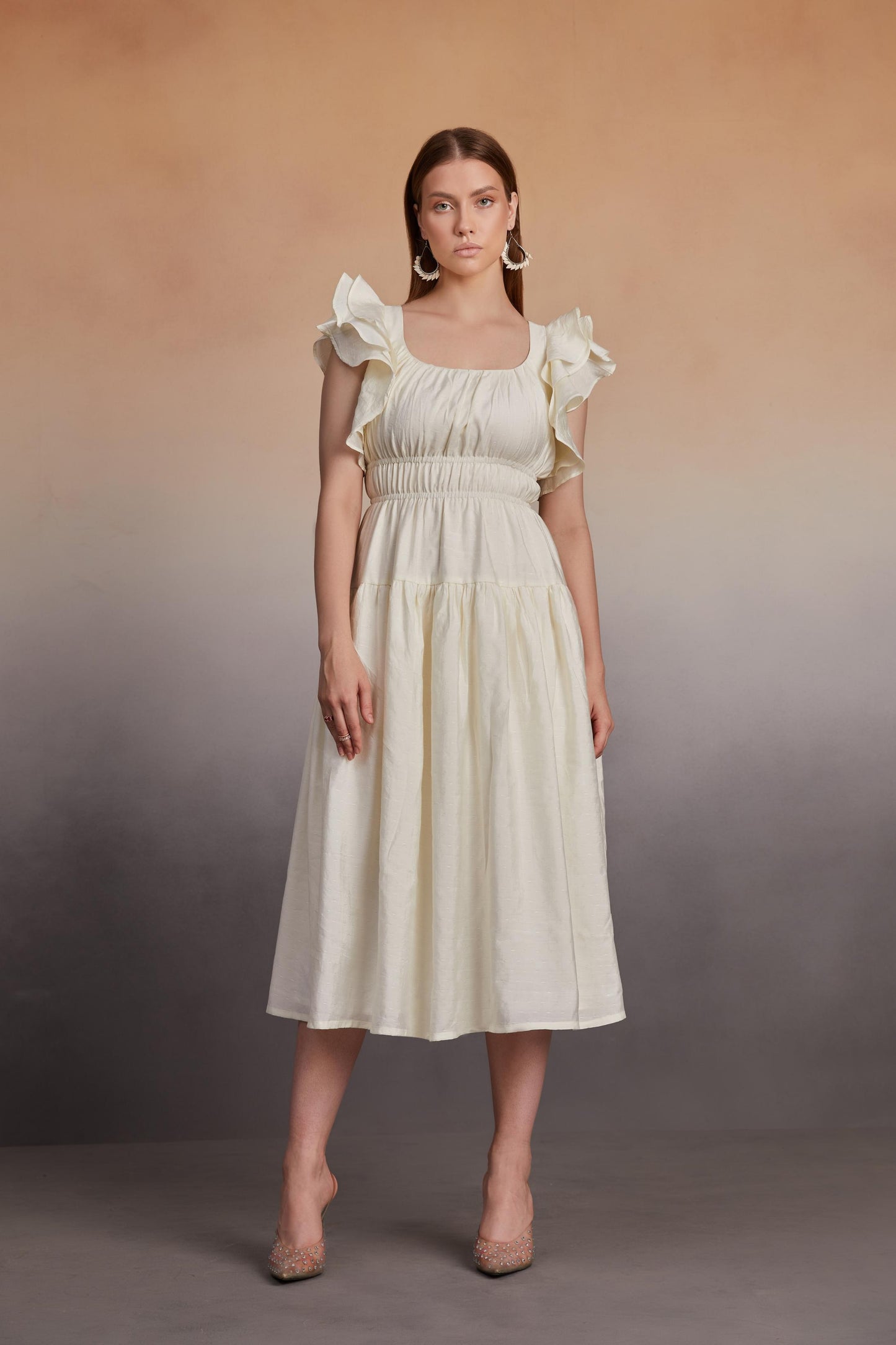 Ruffled Sleeve Midi Dress with Smocked Bodice