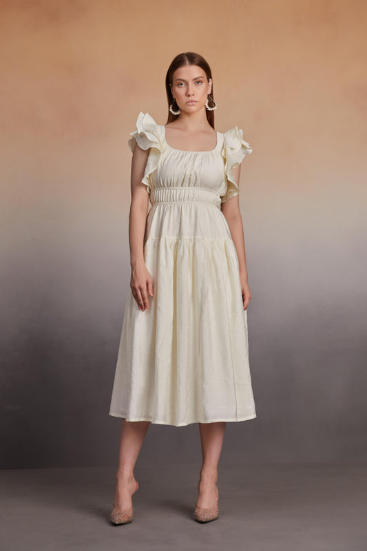 Ruffled Sleeve Midi Dress with Smocked Bodice