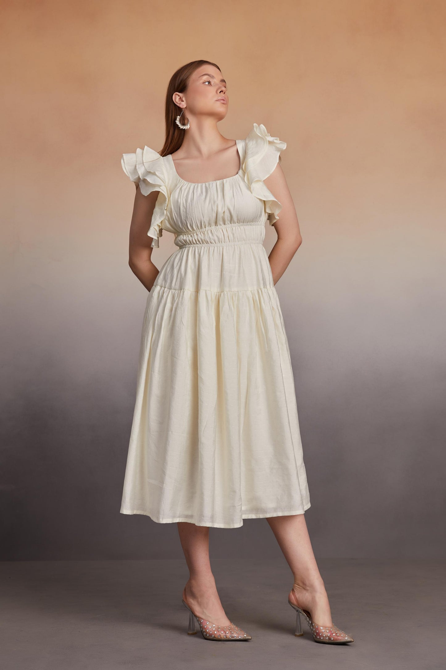Ruffled Sleeve Midi Dress with Smocked Bodice