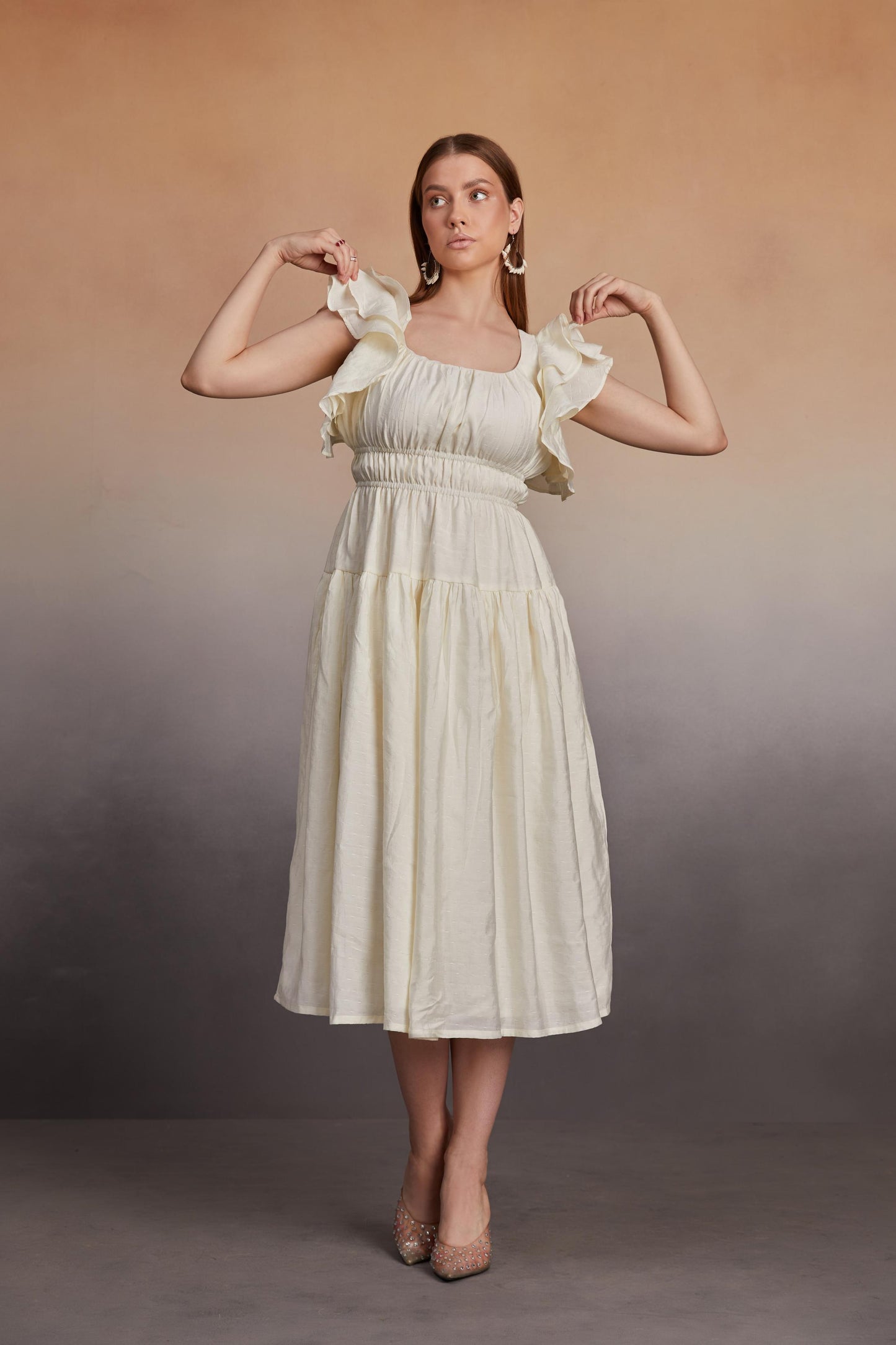 Ruffled Sleeve Midi Dress with Smocked Bodice