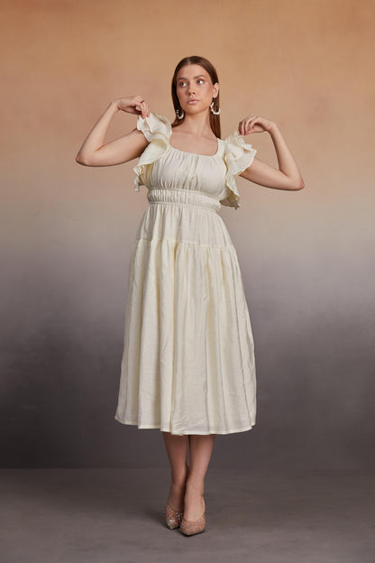 Ruffled Sleeve Midi Dress with Smocked Bodice