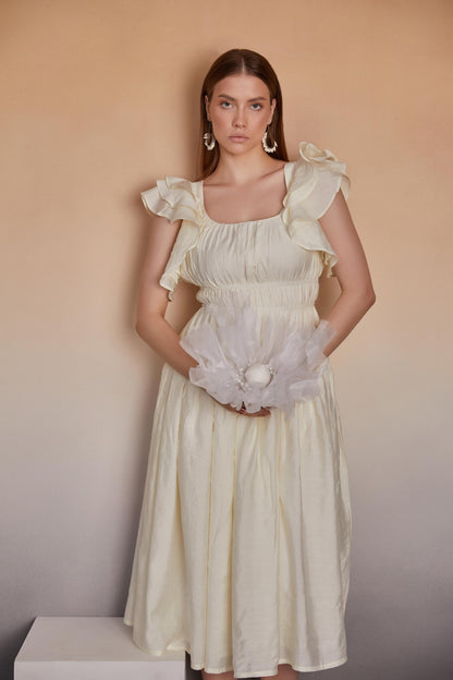 Ruffled Sleeve Midi Dress with Smocked Bodice