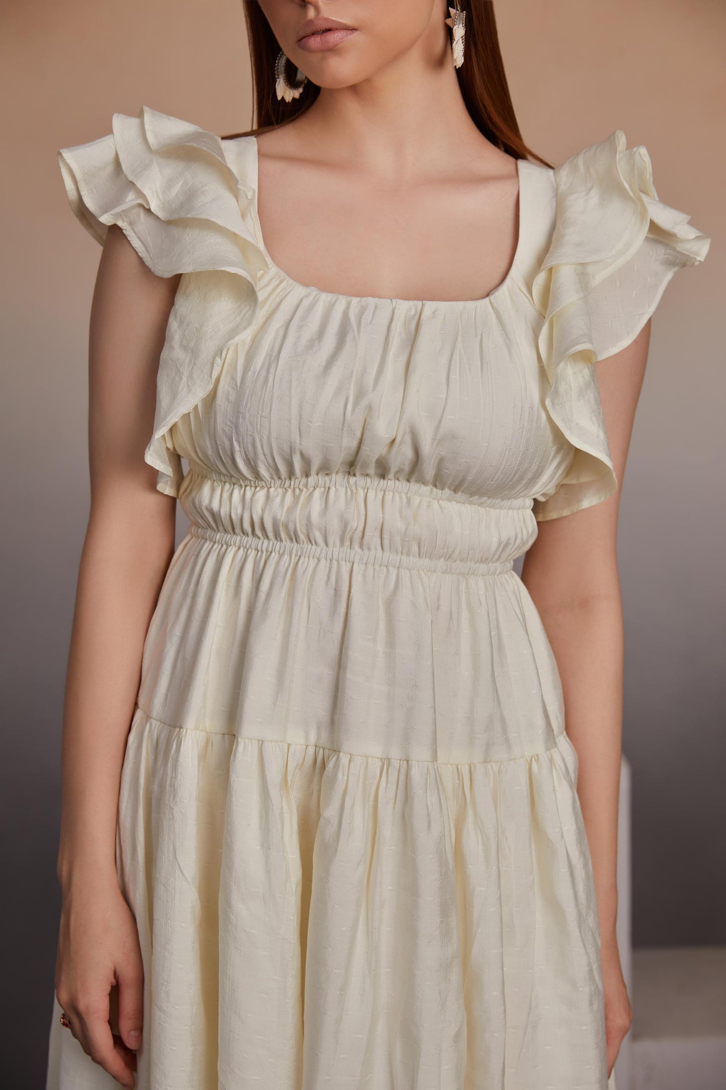 Ruffled Sleeve Midi Dress with Smocked Bodice