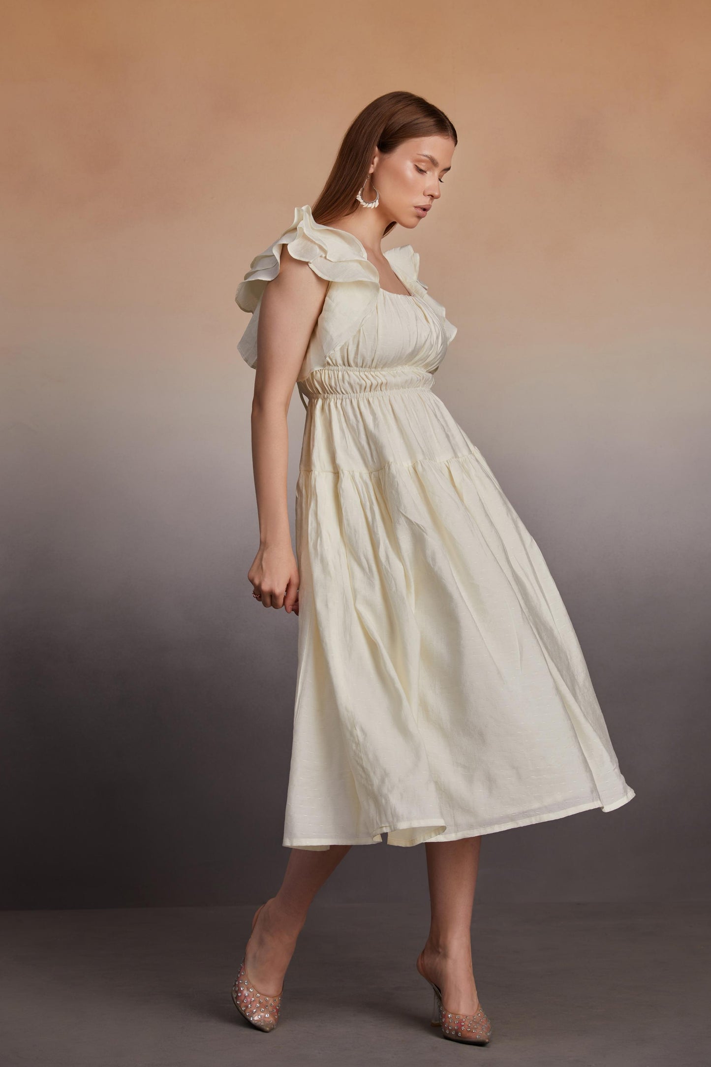 Ruffled Sleeve Midi Dress with Smocked Bodice