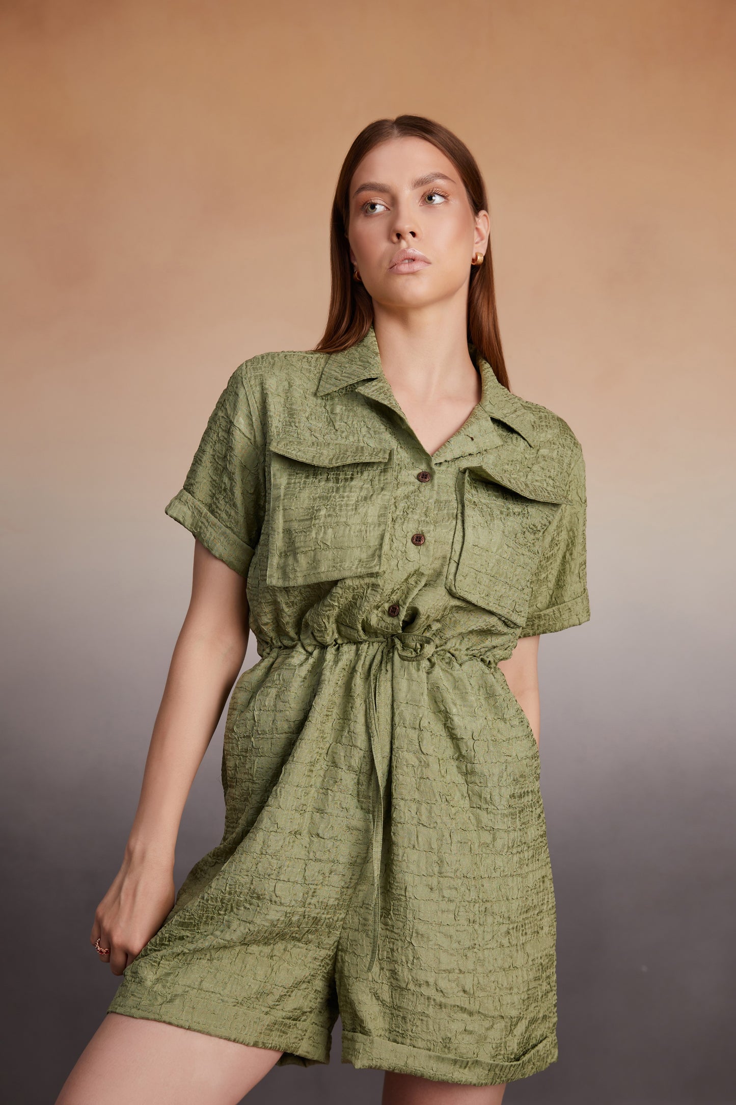 Textured Olive Utility Romper
