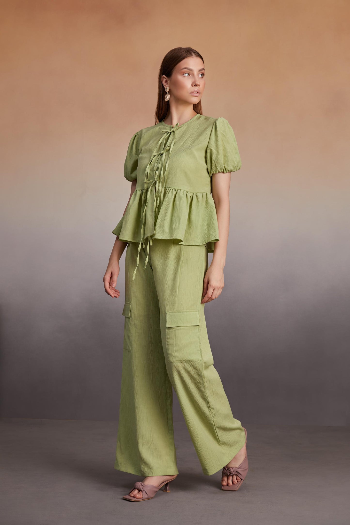 Peplum Top and Wide-Leg Cargo Pants Co-Ord Set