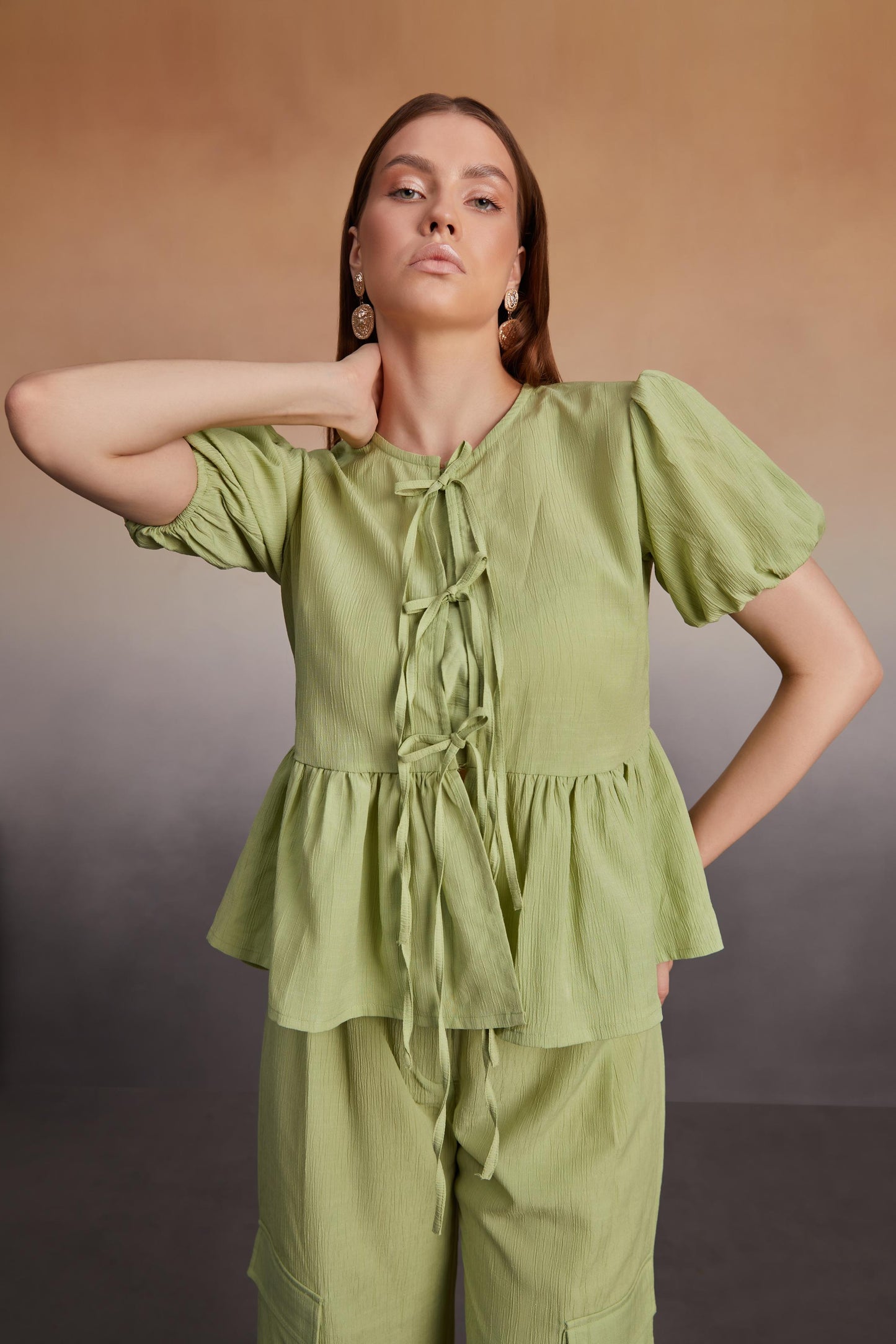 Peplum Top and Wide-Leg Cargo Pants Co-Ord Set