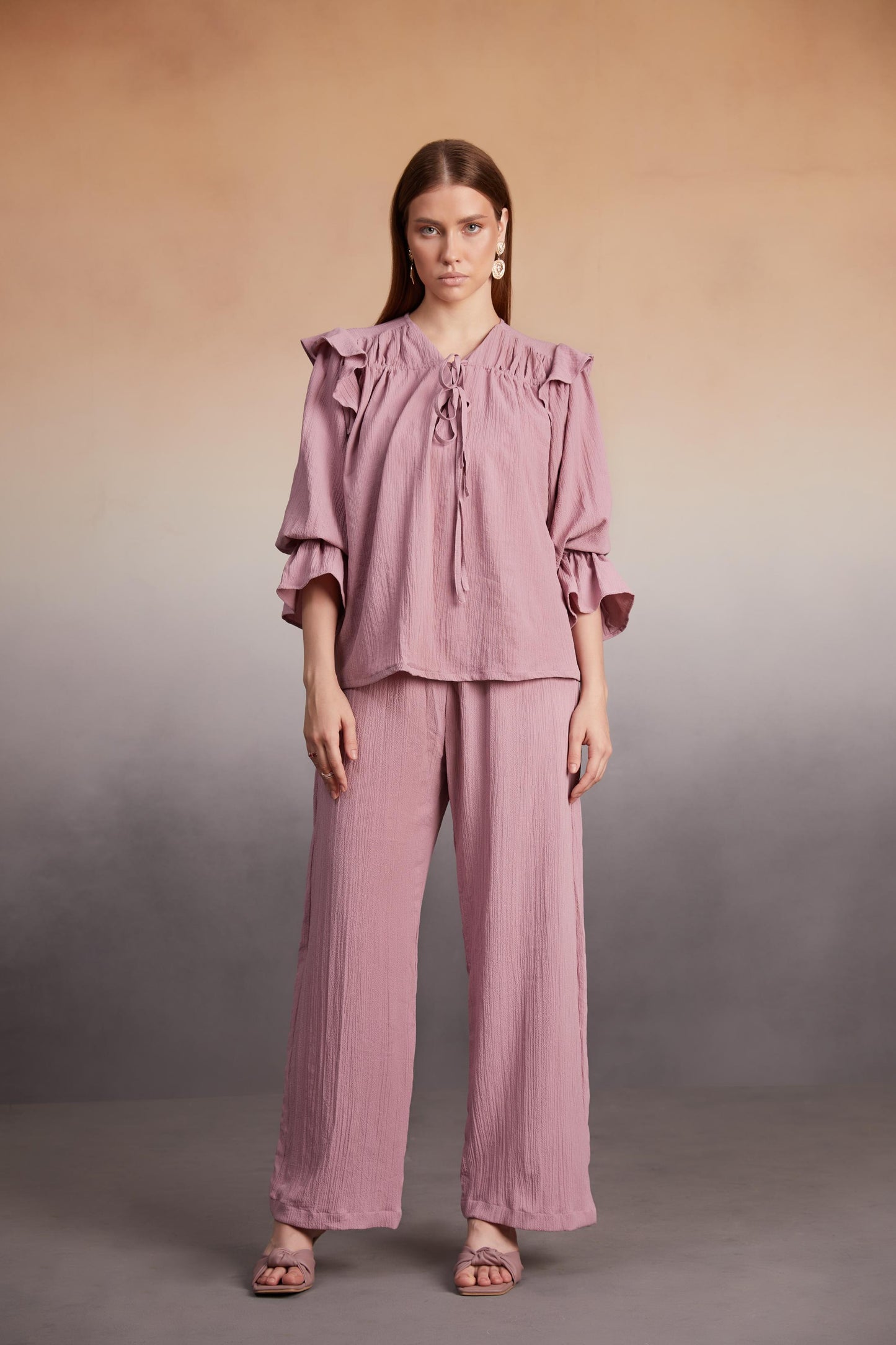 Ruffled Blouse and Wide-Leg Pants Co-Ord Set