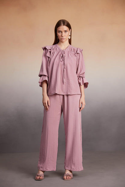 Ruffled Blouse and Wide-Leg Pants Co-Ord Set