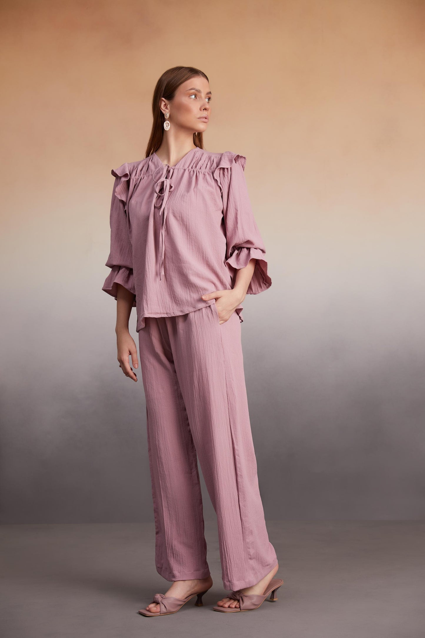 Ruffled Blouse and Wide-Leg Pants Co-Ord Set