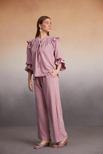 Ruffled Blouse and Wide-Leg Pants Co-Ord Set