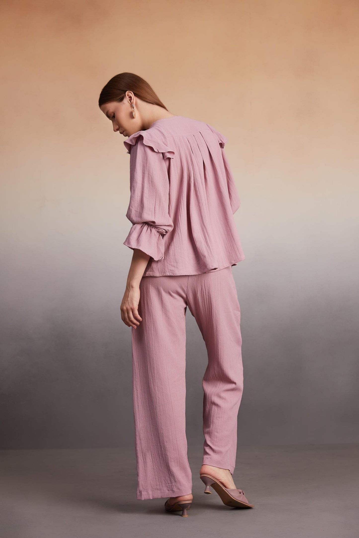 Ruffled Blouse and Wide-Leg Pants Co-Ord Set