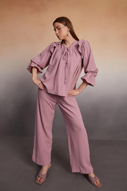 Ruffled Blouse and Wide-Leg Pants Co-Ord Set