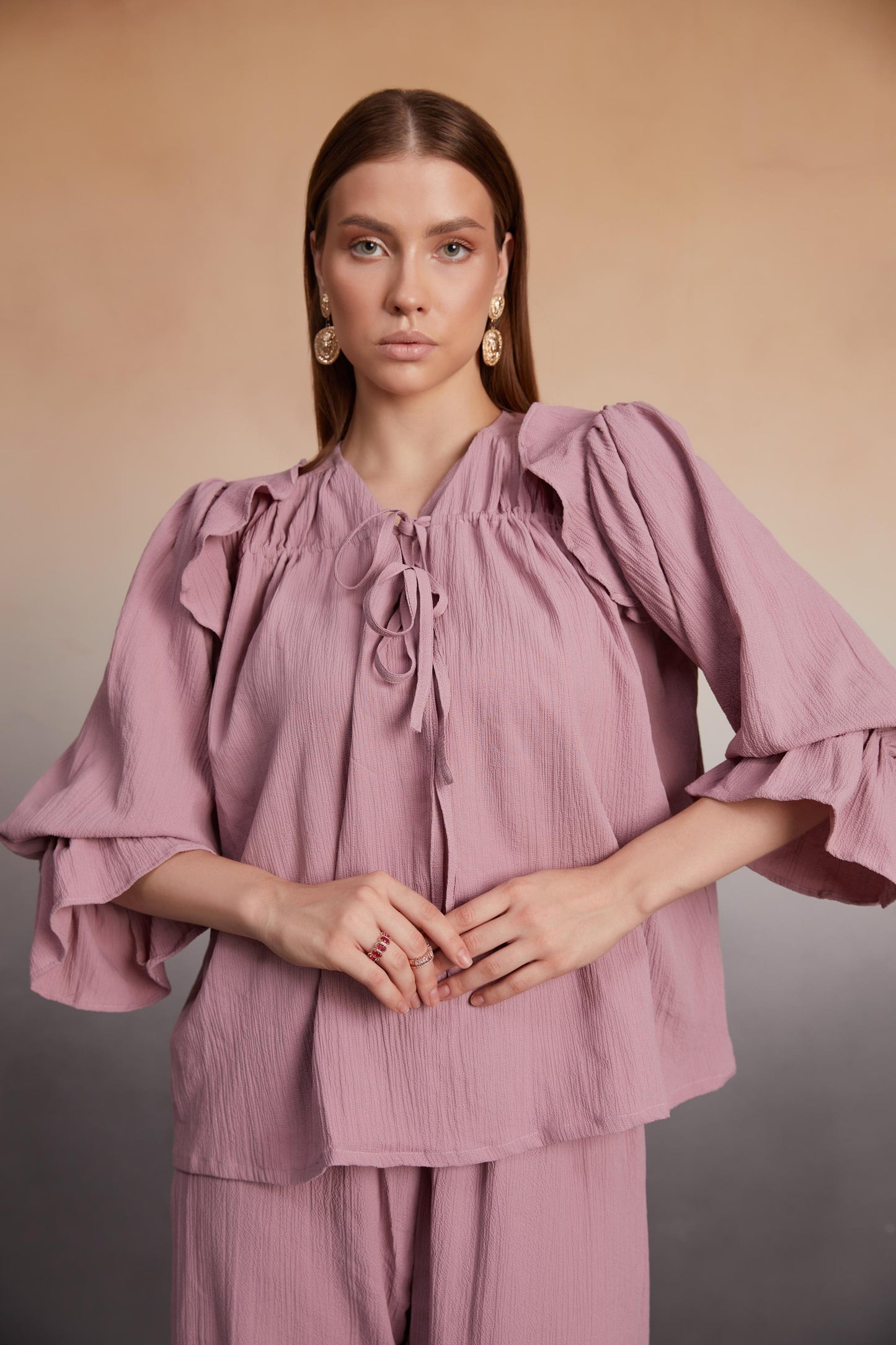 Ruffled Blouse and Wide-Leg Pants Co-Ord Set