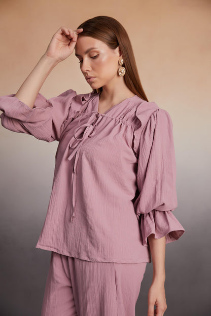 Ruffled Blouse and Wide-Leg Pants Co-Ord Set