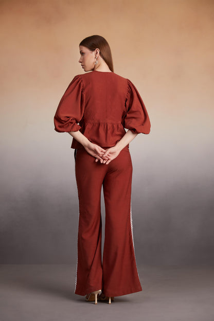 Rust Peplum Co-Ord Set with Lace Detail