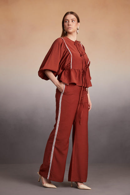 Rust Peplum Co-Ord Set with Lace Detail