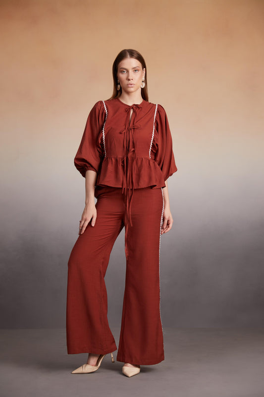 Rust Peplum Co-Ord Set with Lace Detail