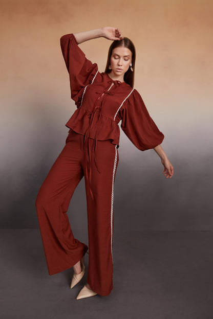 Rust Peplum Co-Ord Set with Lace Detail