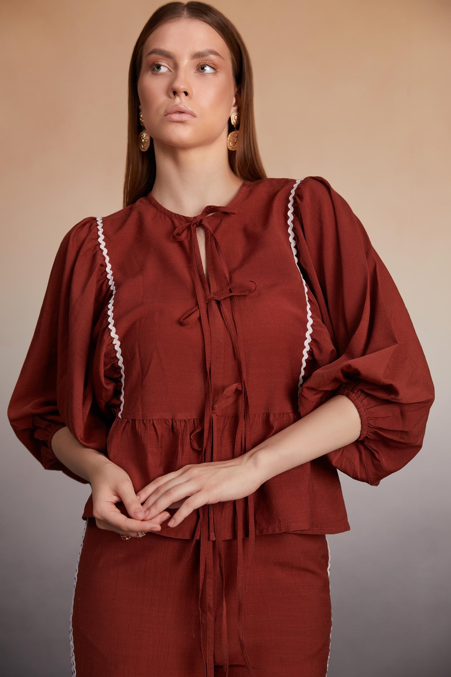 Rust Peplum Co-Ord Set with Lace Detail