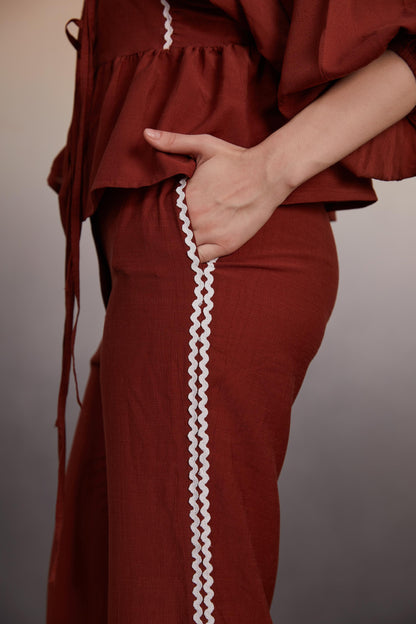 Rust Peplum Co-Ord Set with Lace Detail